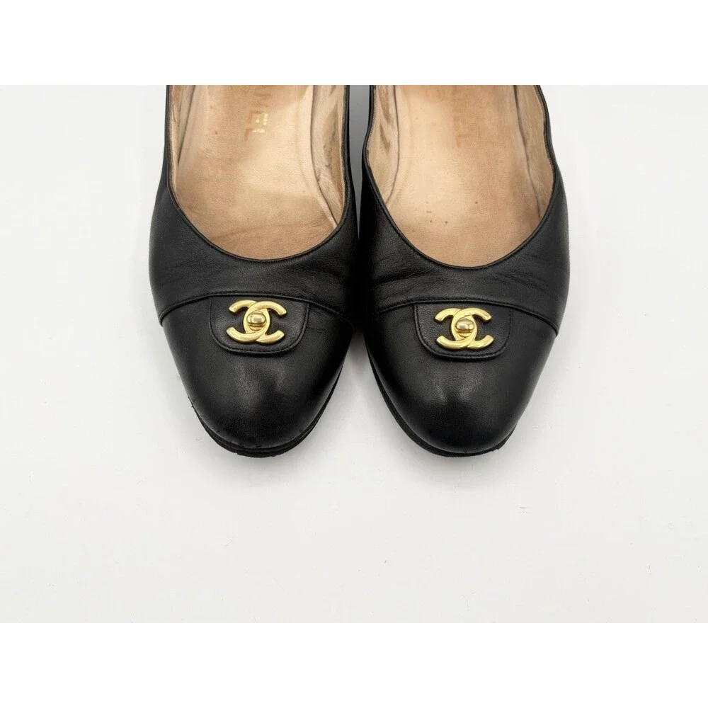 Chanel Black Leather Ballet Flats Gold CC Turnlock Size EU 37
